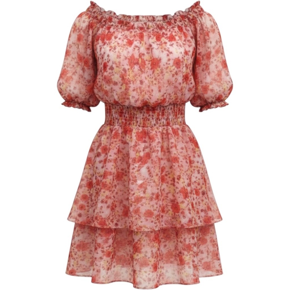 Laundry By Shelli Segal Red Pink Yellow Floral Smocked Tiered Mini Dress Size 10